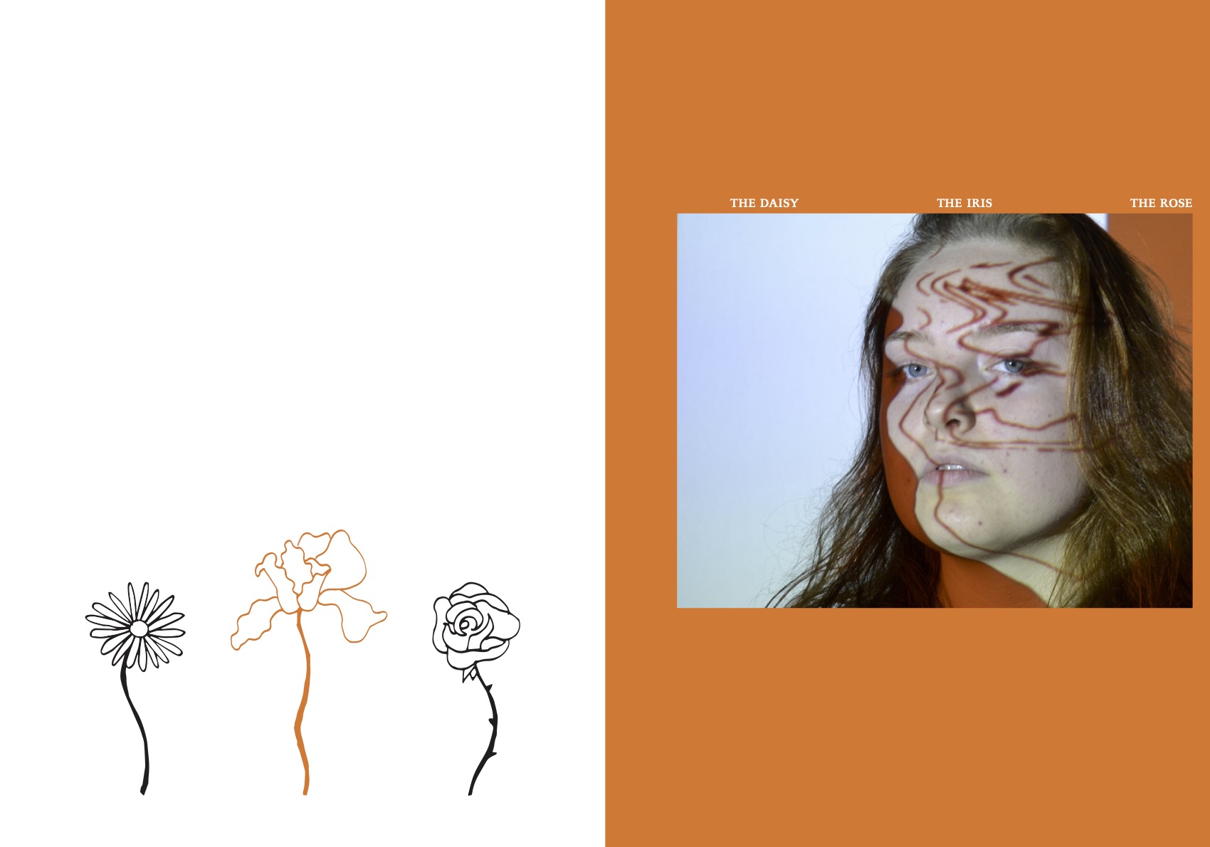 three flowers and a photograph of a womens face